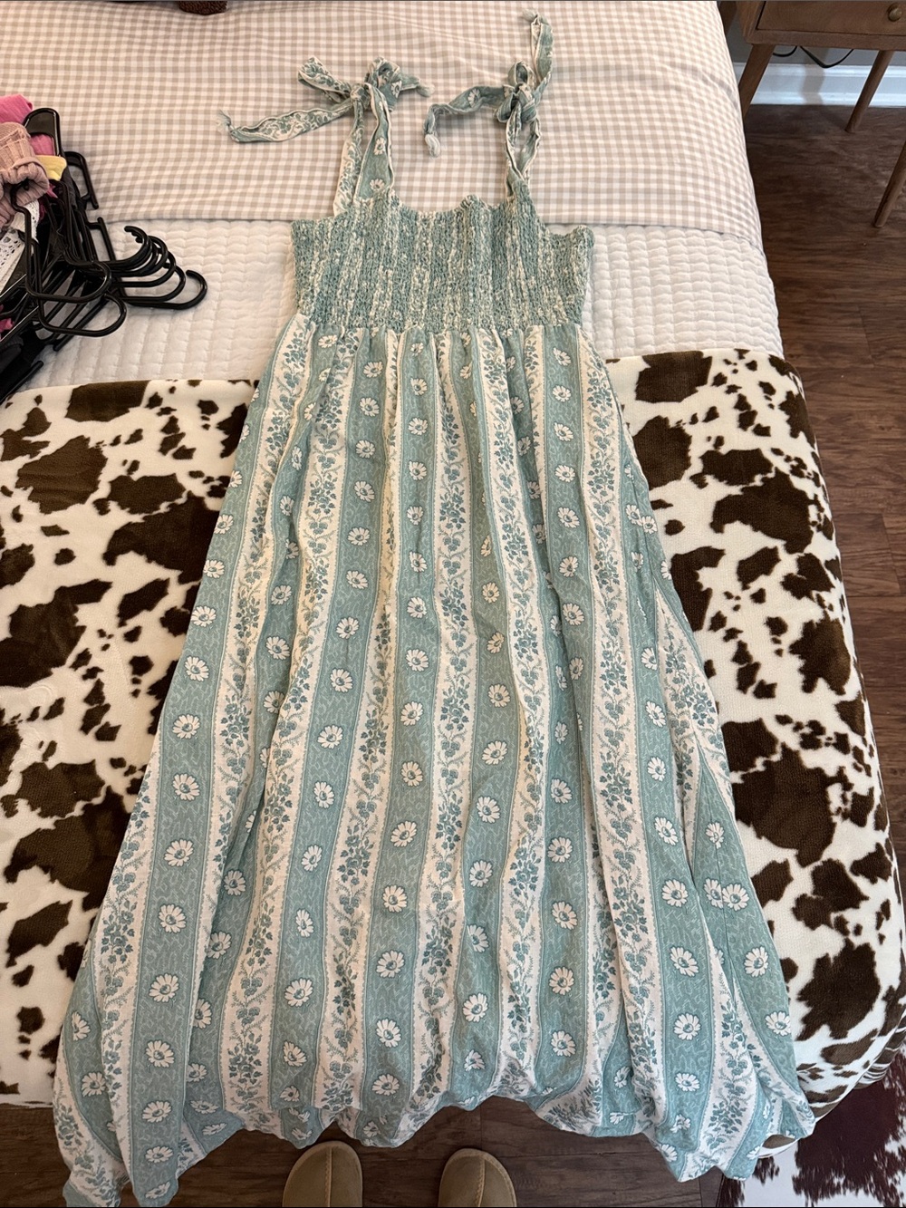 Spartina 449 Teal and White Floral Tie-Shoulder Girls' Dress